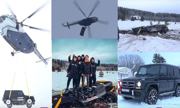 man drops his mercedes amg g63 from a helicopter