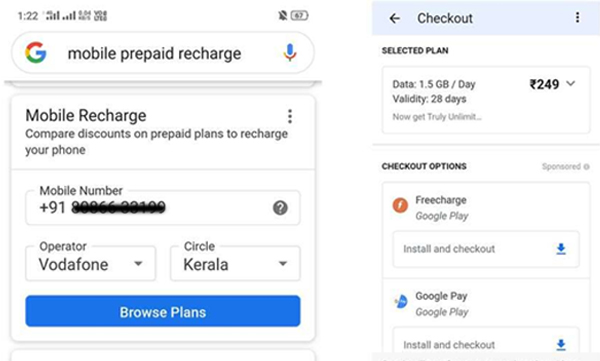 google search mobile recharge feature 