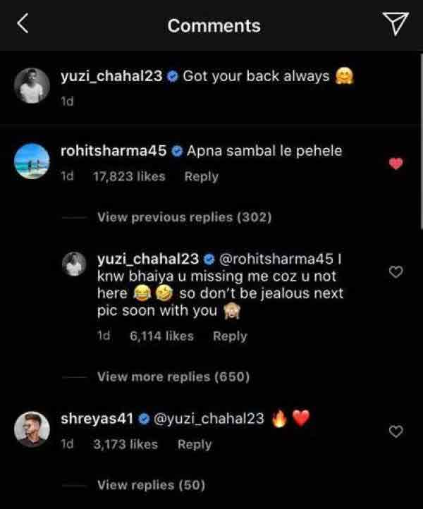 rohith sharma comment on chahals photo 