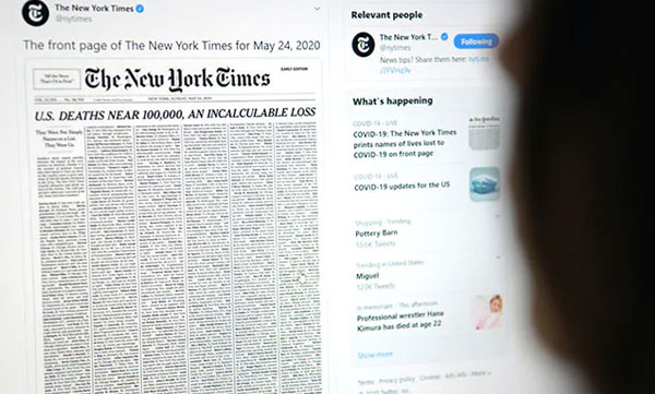 New York Times Marks Grim US Virus Milestone With Front Page Victim List