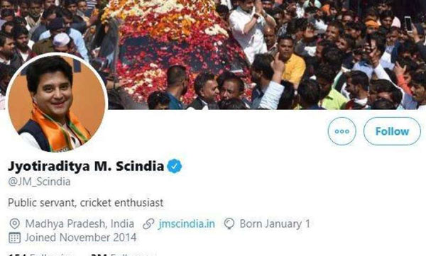 Jyotiraditya Scindia removes BJP from Twitter profile; sparks speculation of rift