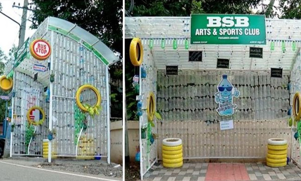 bus waiting made by plastic bottle