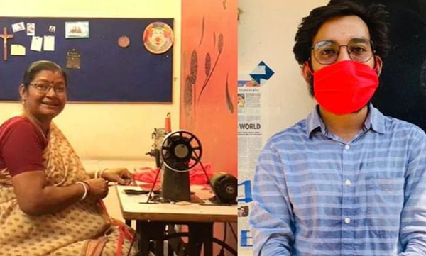 son and mother stiching mask for free for poor people 