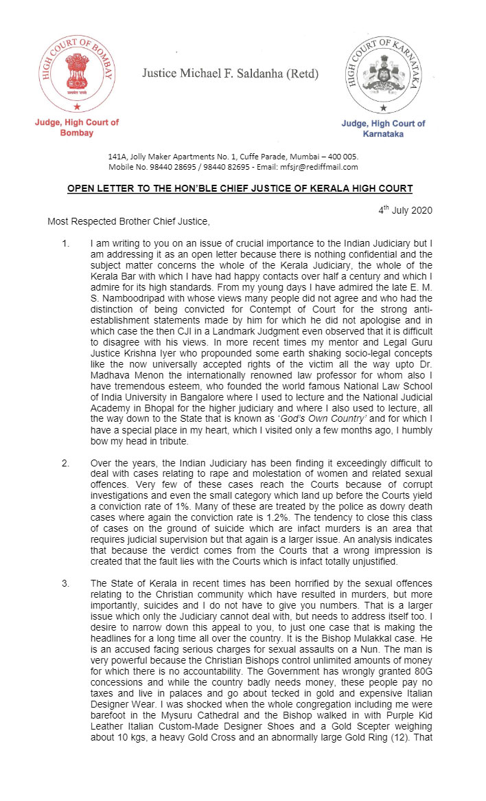 Former Justice Saldanha urges Chief Justice of Kerala to issue non-bailable warrant against Bishop Franco