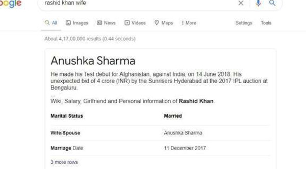 afghan cricketer rasheed khan wife is anushka google search shows 
