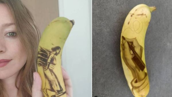 Woman made art by bruising bananas