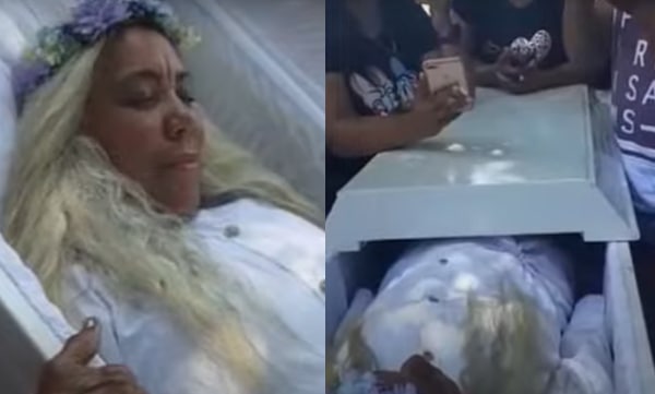 woman rehearses own funeral by lying in coffin for hours 