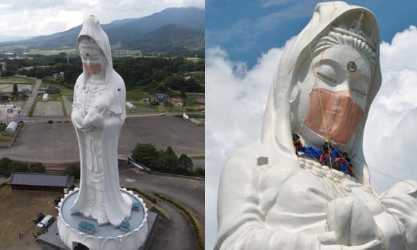 japans giant buddhist goddess gets face mask to pray for end of covid-19 pandemic 