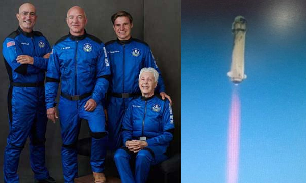 Jeff Bezos, Brother Mark, Wally Funk, and 18-year-old  Oliver Damen fly into space