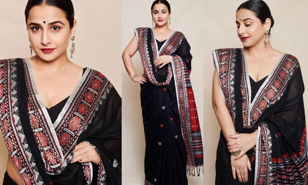 vidhya balan blends contemporary and traditional in a handwoven black saree