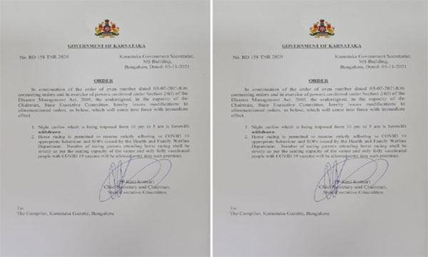 Karnataka government withdraws night curfew that was enforced due to COVID19