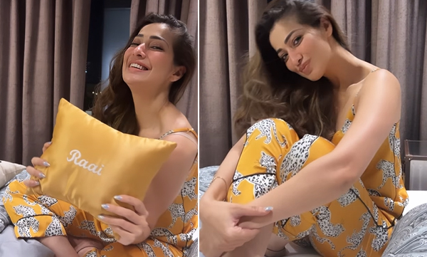 Actress Rai Laxmi shares a cute video of her name written golden pillow