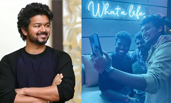 Tamil superstar captures selfie pictures of atlee, nelson dileep kumar and atlee