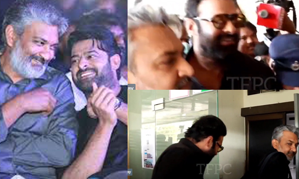 Prabhas  surrounded by the media in Airport  was rescued by Rajamouli 
