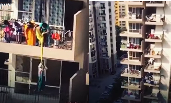 Mother ties son to 9th floor blacony to pick some clothes