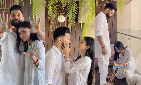 Mouni Roy touches husband Suraj Nambiar's feet as they celebrate first Holi