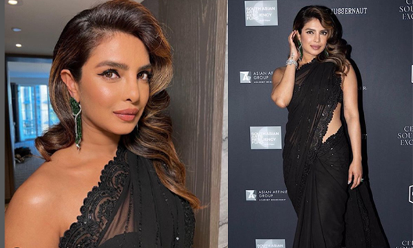 Priyanka Chopra looked gorgeous in a black embroidered saree and strapless blouse for pre-Oscars party