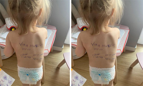 Ukrainian Mother Writes Family Details On Toddler's Back