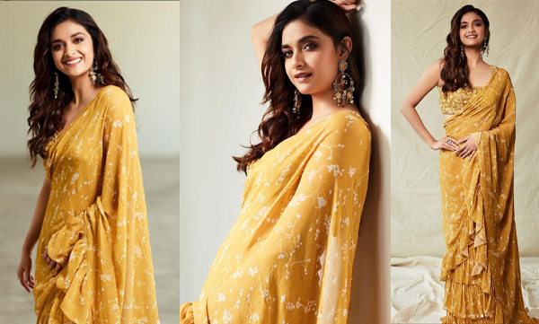 Keerthy Suresh shares stylish pictures in Yellow Saree