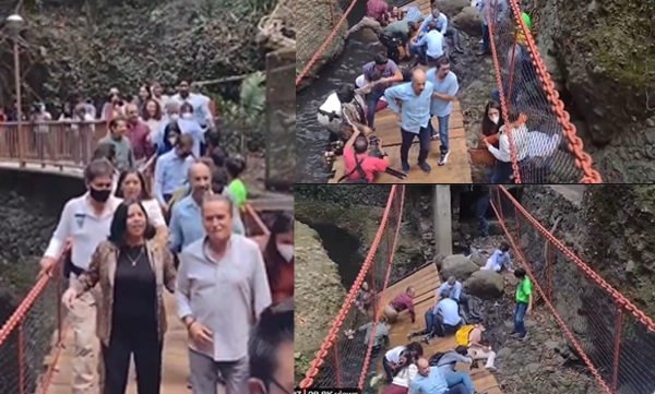 Cuernavaca Mayor and other officials fall down during the reopening of a pedestrian bridge