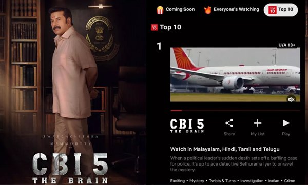 mammootty-sn-swamy-k-madhu-movie-cbi-5-number-one-in-netflix-top-10-chart