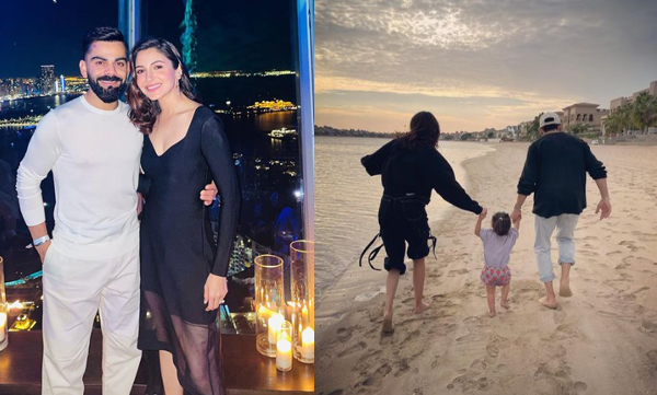 Virat kohli and Anushka sharma play with daughter vamika on beach at sunset