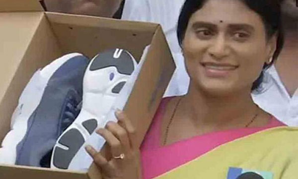 YS Sharmila presents shoe to Telangana Chief Minister if Enrappa comes for a walk