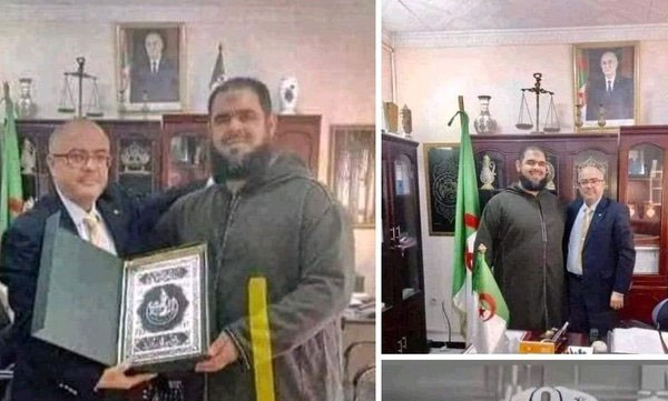 Imam petting a cat that jumped on his body during Taraweeh prayer. Algeria in honor of Imam