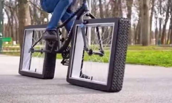 A bicycle with a square wheel; Watch the video