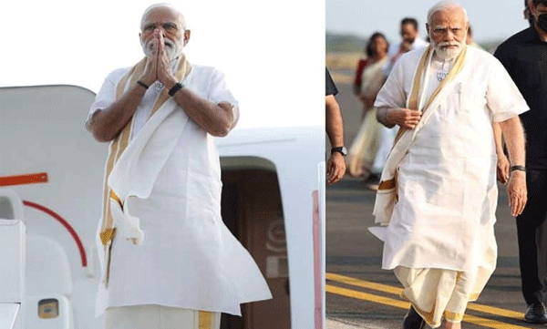Prime minister modi reached kochi in kerala style costume