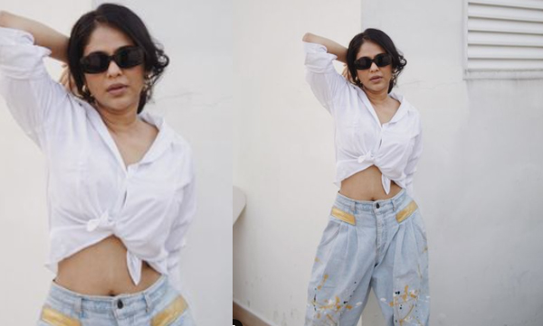 Srinda in button up shirt and floral pants, pictures trending