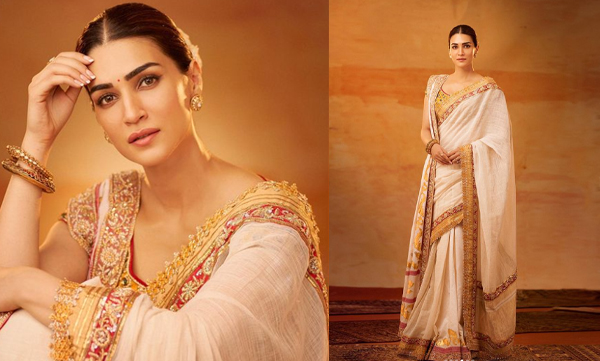 Kriti Sanon elegant look in 24 carot gold khadi block print saree
