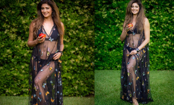 Pooja batra looks hot in black bikini with black net floral printed overcoat
