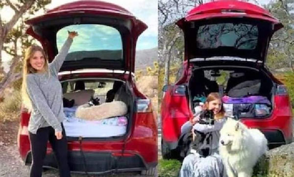 The young woman turned her car into a home to live freely with her pet cat and dog