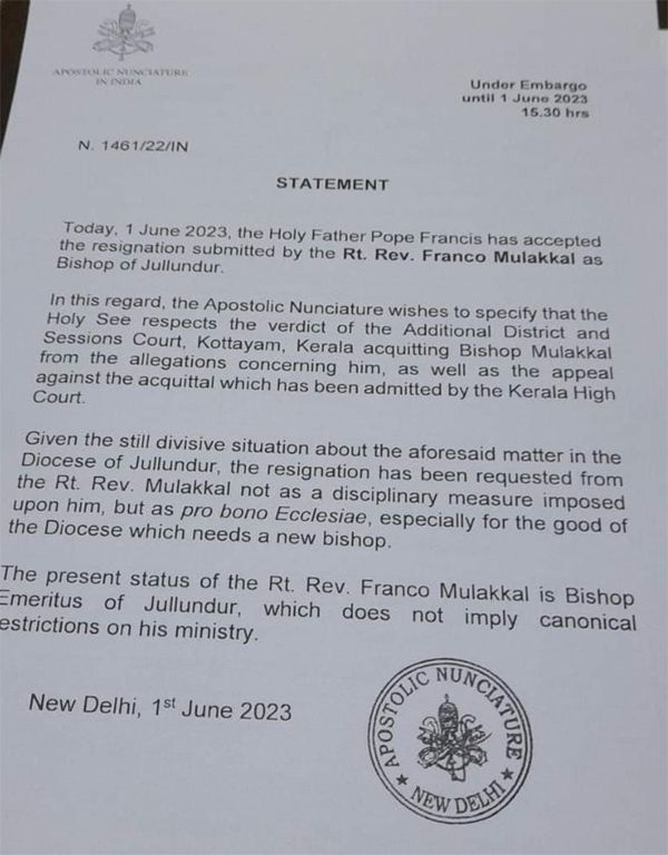 bishop franco mulakkal resigns