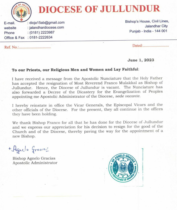 bishop franco mulakkal resigns