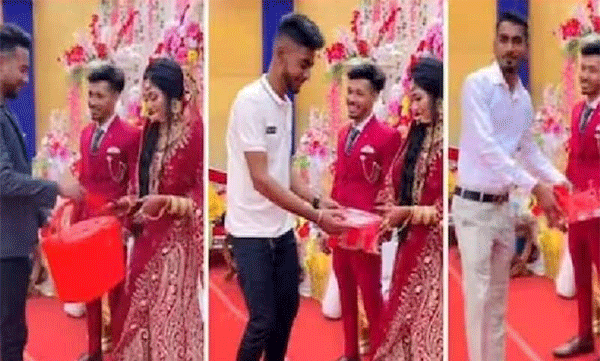 grooms friends giving gifts like milk bottle bucket