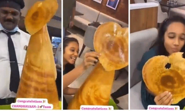 restaurant staff celebrate the launch of chandrayaan 3 by making chandrayaan dosa