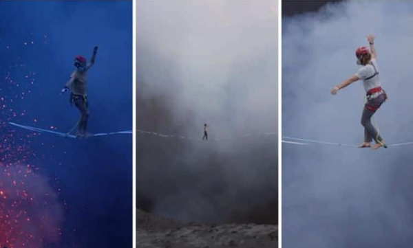 World record for walking over active volcano: Shocking video goes viral