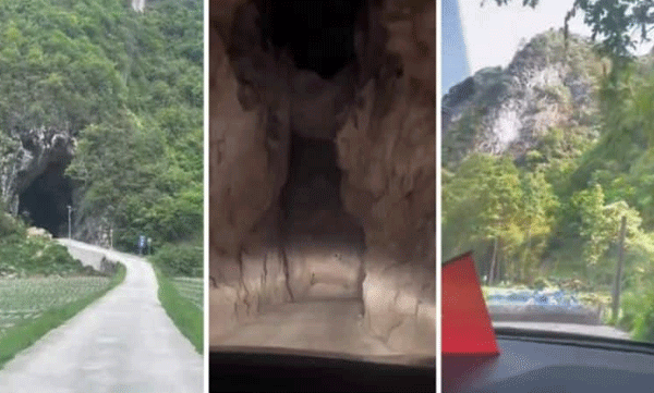 Mysterious cave shrouded in darkness between mountains: Shocking footage goes viral