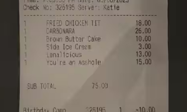 15 dollars for bad word ; The couple was shocked to see the bill received from the restaurant