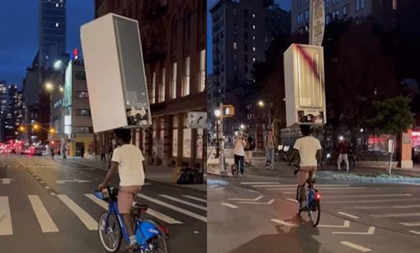 Young man's bicycle practice carrying a fridge on his head: Netizens say he has the strongest neck in the world
