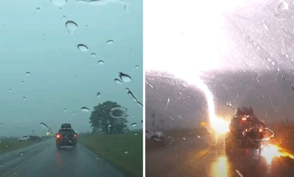 Lightning struck car driving in pouring rain: passengers miraculously escaped