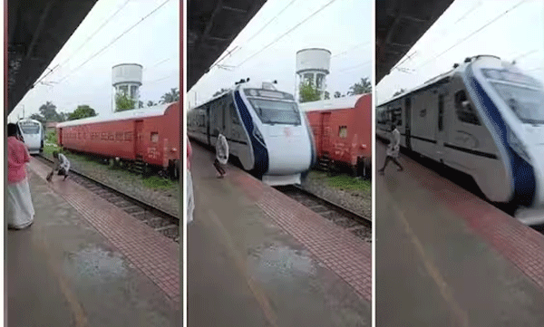 old man narrowly escape from hiting by vande bharat train in malappuram