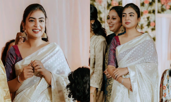 nazriya-fahadh-actress-looks-pretty-in-saree-wedding-function-photos