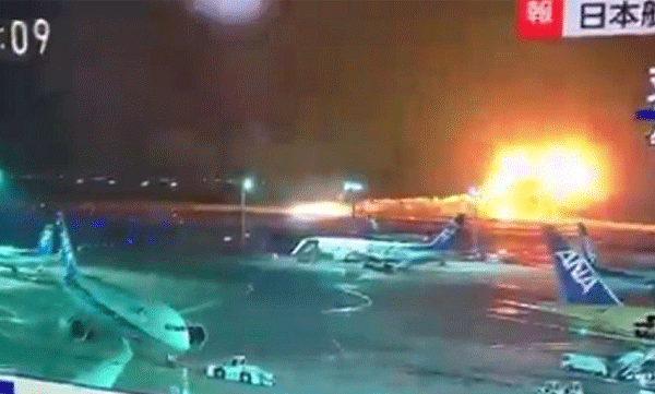 The plane caught fire on the runway; The incident took place at Hanada Airport in Japan