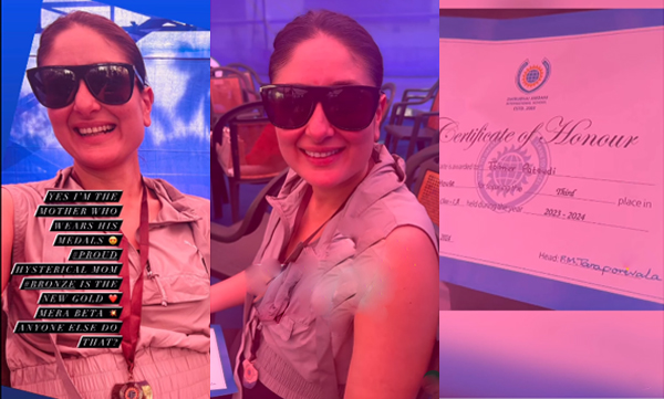Kareena kapoor wears Taimur's bronze medal he got from school