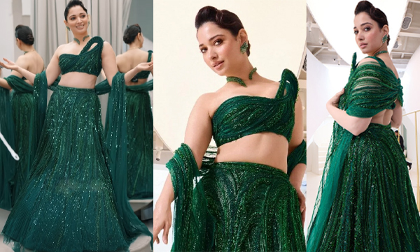 Tamannaah Bhatia glam look in Green Iconic Sculpted Lehenga