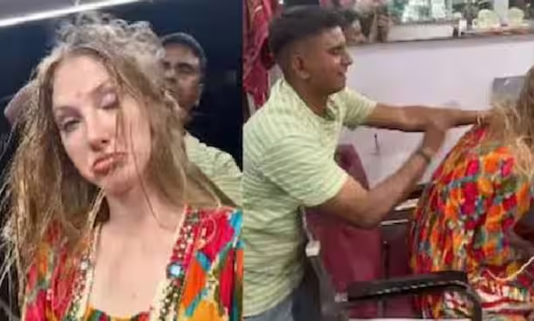 russian-woman-hair-massage-in-indian-barber-shop