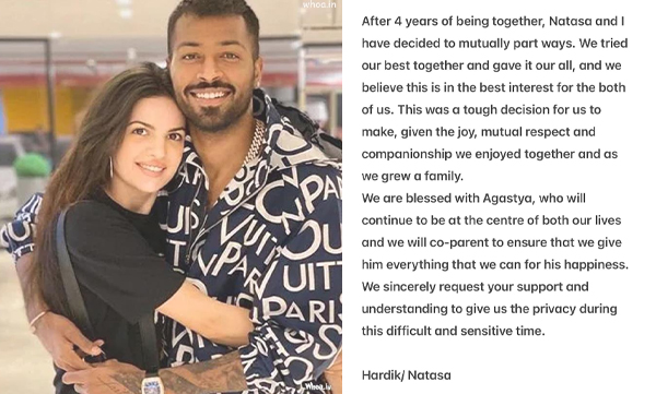 India allrounder Hardik Pandya and actor Natasa Stankovic have announced their separation